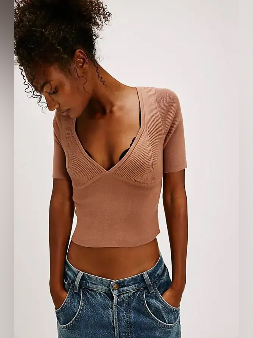 Free People Teagan Swit Ribbed Knit Latte Sweater Top Sz Small NWT